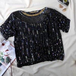 Vintage sidentopp med paljetter, svartguldpärlad blus, Art Deco Glam XL