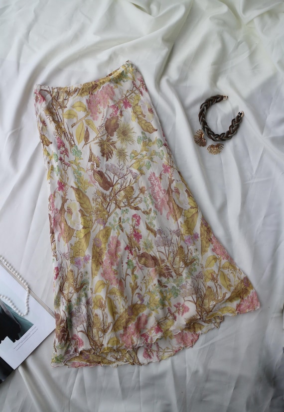 Vintage Artigiano Silk Skirt Italian Made Botanical Print Midi Skirt Romantic Floral Garden Print Luxury Designer