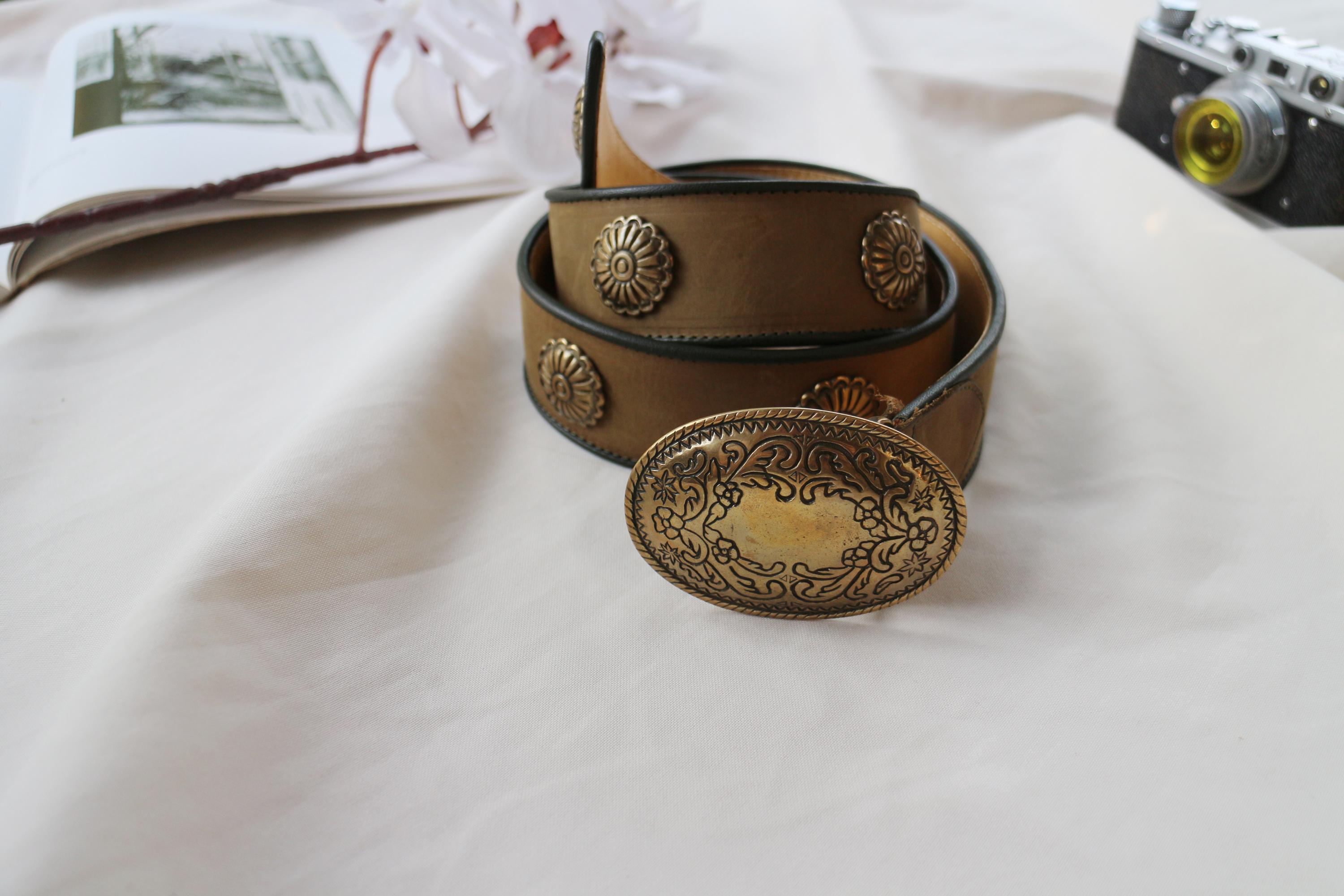 Vintage Leather Belt Ornate Brass Buckle Ethnic Boho Western 