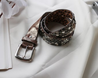 Leather Belt with Silver Metal Studs - Boho Rock Statement Belt - 90s Vintage Fashion Accessory