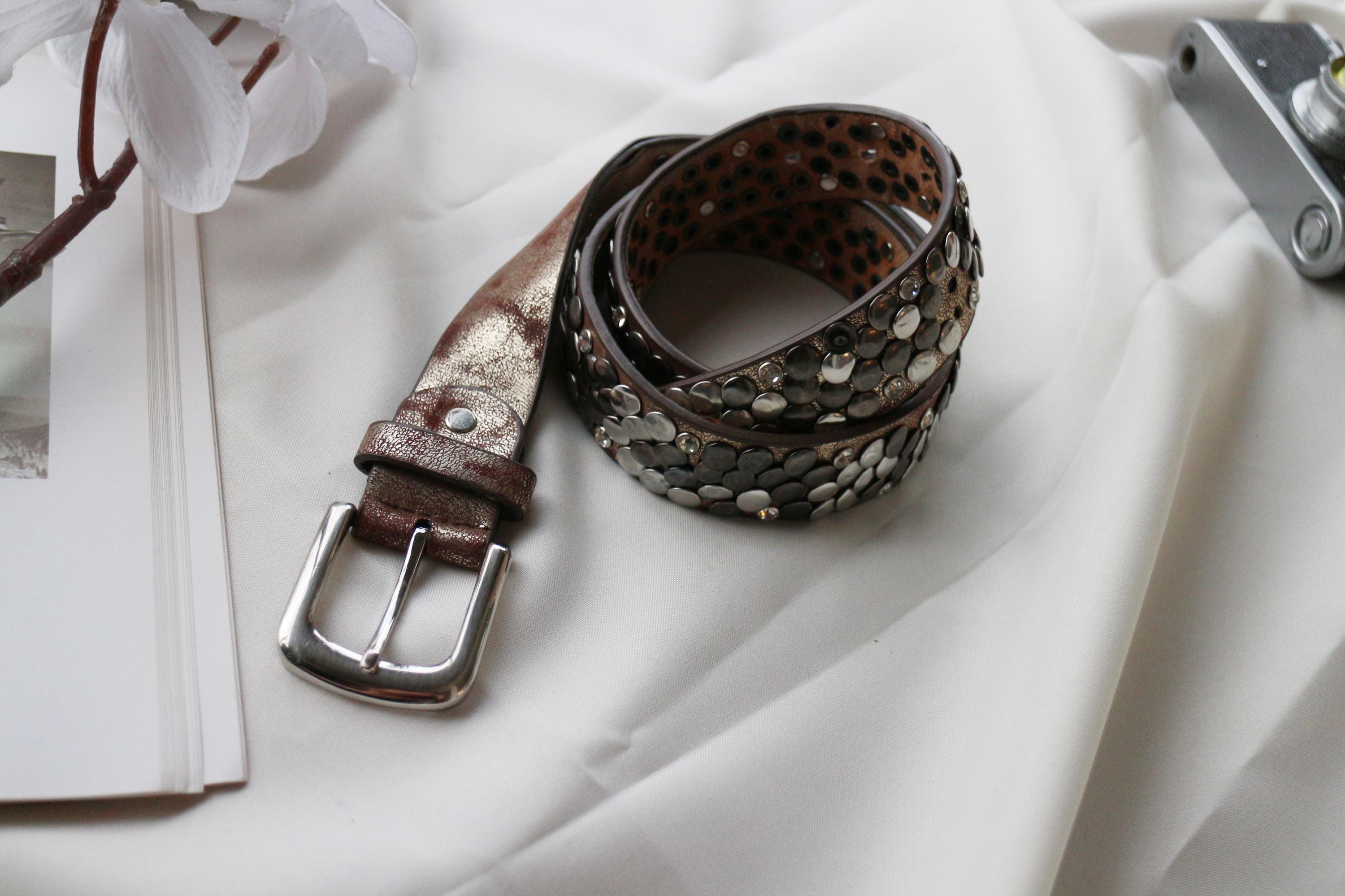 Leather Belt With Silver Metal Studs - Boho Rock Statement  display picture 2