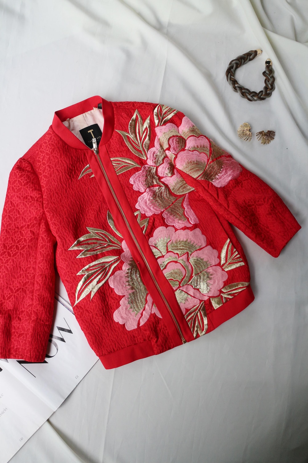 Red Floral Embroidered Bomber Jacket | Ted Baker Quilted Jacket 