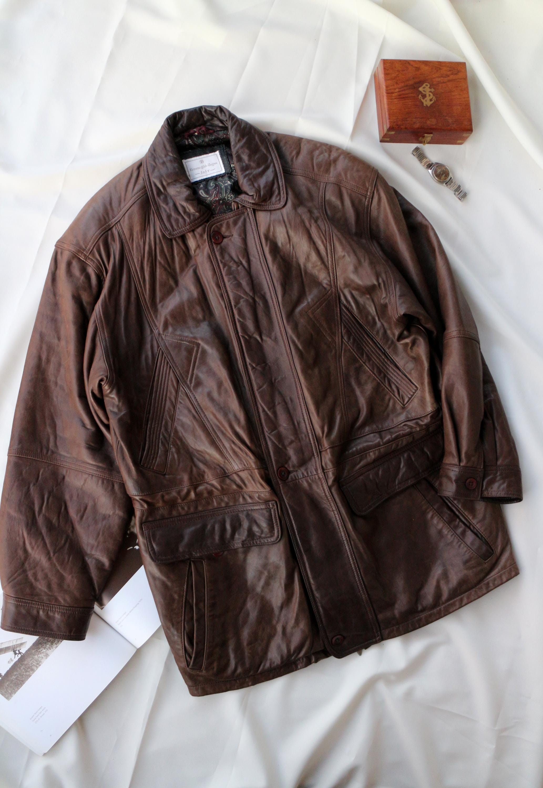 Leather Jacket Men's Vintage Ermenegildo Zegna Soft Brownclassic