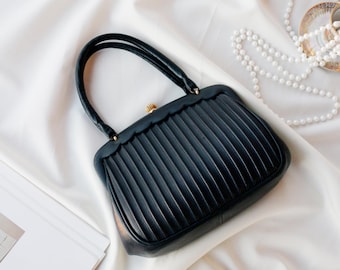 Vintage Navy Leather Structured Handbag | Gold Snail Clasp | 60s 70s Top Handle Bag | Elegant Evening Purse