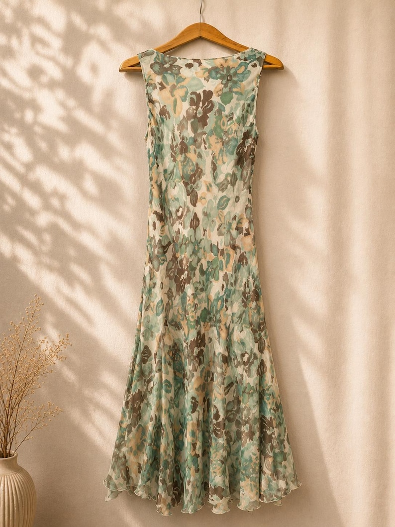 May include: A sleeveless floral print dress in shades of green, brown, and cream hangs on a wooden hanger. The dress has a flowing, flared skirt and a scoop neckline. The fabric appears lightweight and semi-sheer, with a delicate floral pattern.