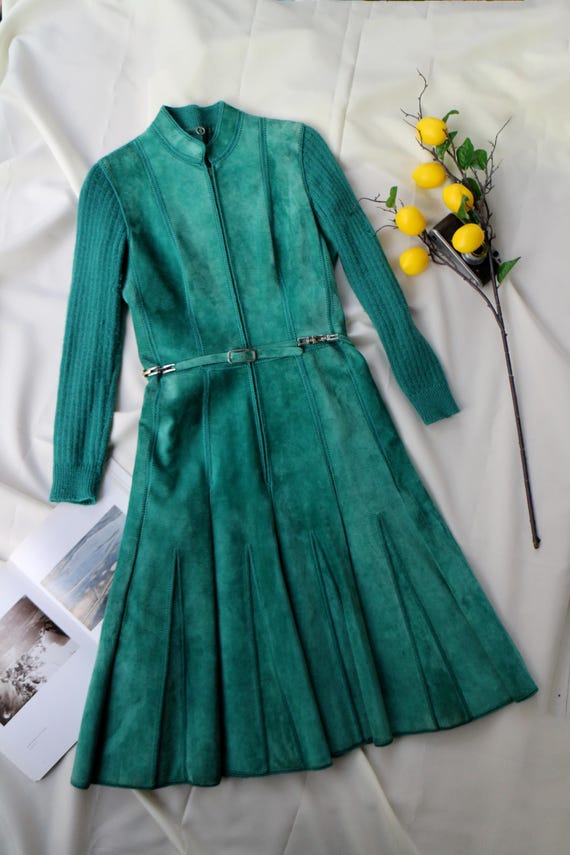 Rare Vintage Green Suede Patchwork Leather Dress 70s Mock Neck Zip Front Pleated Midi Belted A-Line Long Sleeve