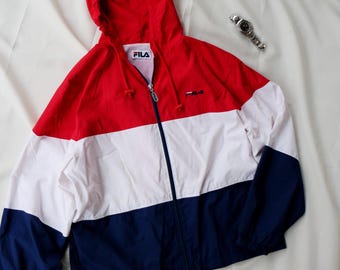 Vintage FILA Windbreaker Sportliche Trainingsjacke Rot Weiß Blau 90er Jahre Color Block Retro Athletisch Oberbekleidung Hip Hop Streetwear
