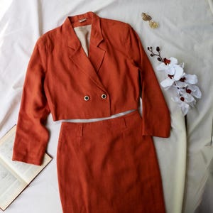 Vintage Österreichischer Leinenanzug von Tramcam - Terrakotta Kurzer Blazer und Rock Set - Hergestellt in Österreich