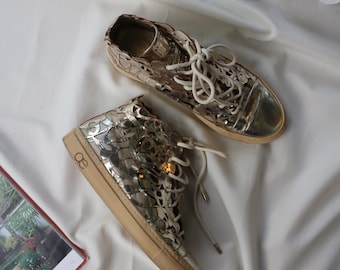 Metallic Silver Cutout High Top Sneakers Futuristic Platform Shoes Laser Cut Lace Up Sneakers Y2K Statement Shoes