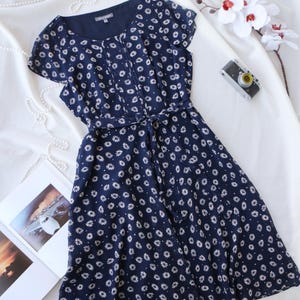 laura ashley navy blue dress Vintage LAURA ASHLEY Navy Blue Corduroy Dress UK 16 US 14 Button Front Bow Puff
