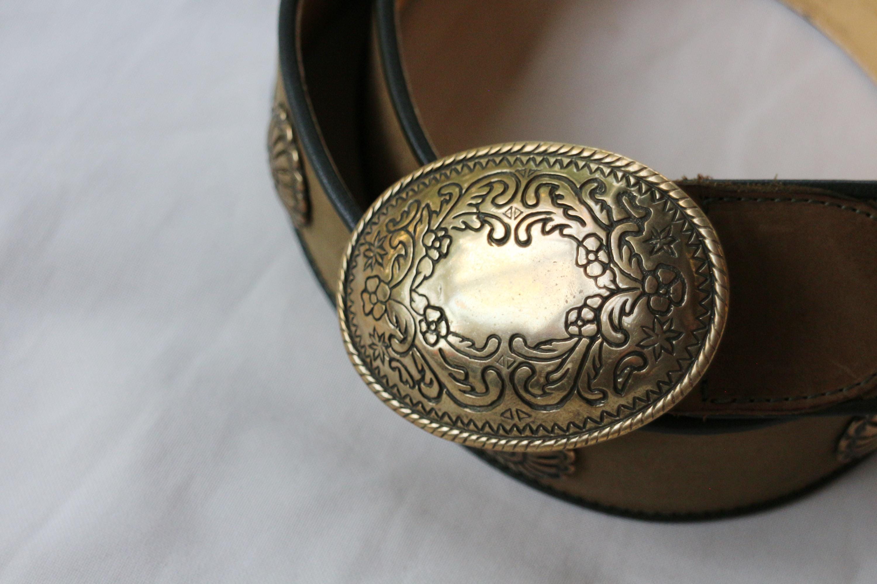 Vintage Leather Belt Ornate Brass Buckle Ethnic Boho Western  display picture 1