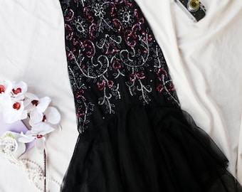 Vestido de noche negro estilo sirena vintage, vestido formal Y2K, vestido de fiesta con lentejuelas y cuentas, elegante vestido largo de gala