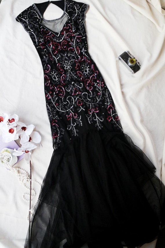 Black Evening Gown Vintage Mermaid, Y2K Formal Dress, Beaded Sequin Prom Dress, Elegant Maxi Gala Dress