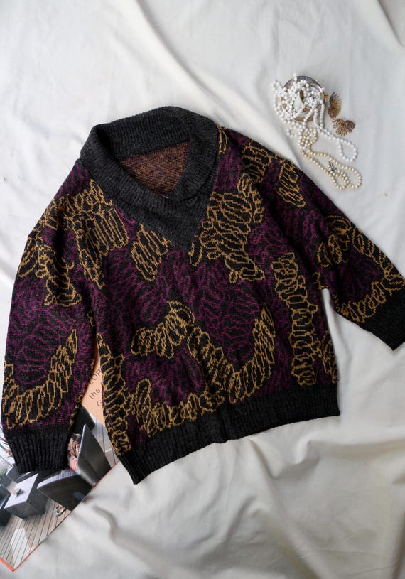 Vintage Made West Germany Wool Sweater Black Purple Gold Jacquard 80s Abstract Dark Academia Knit