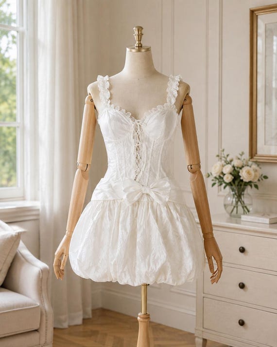White Bubble Dress Romantic Corset Mini Dress Coquette Cottagecore Party Dress US 2 / XS