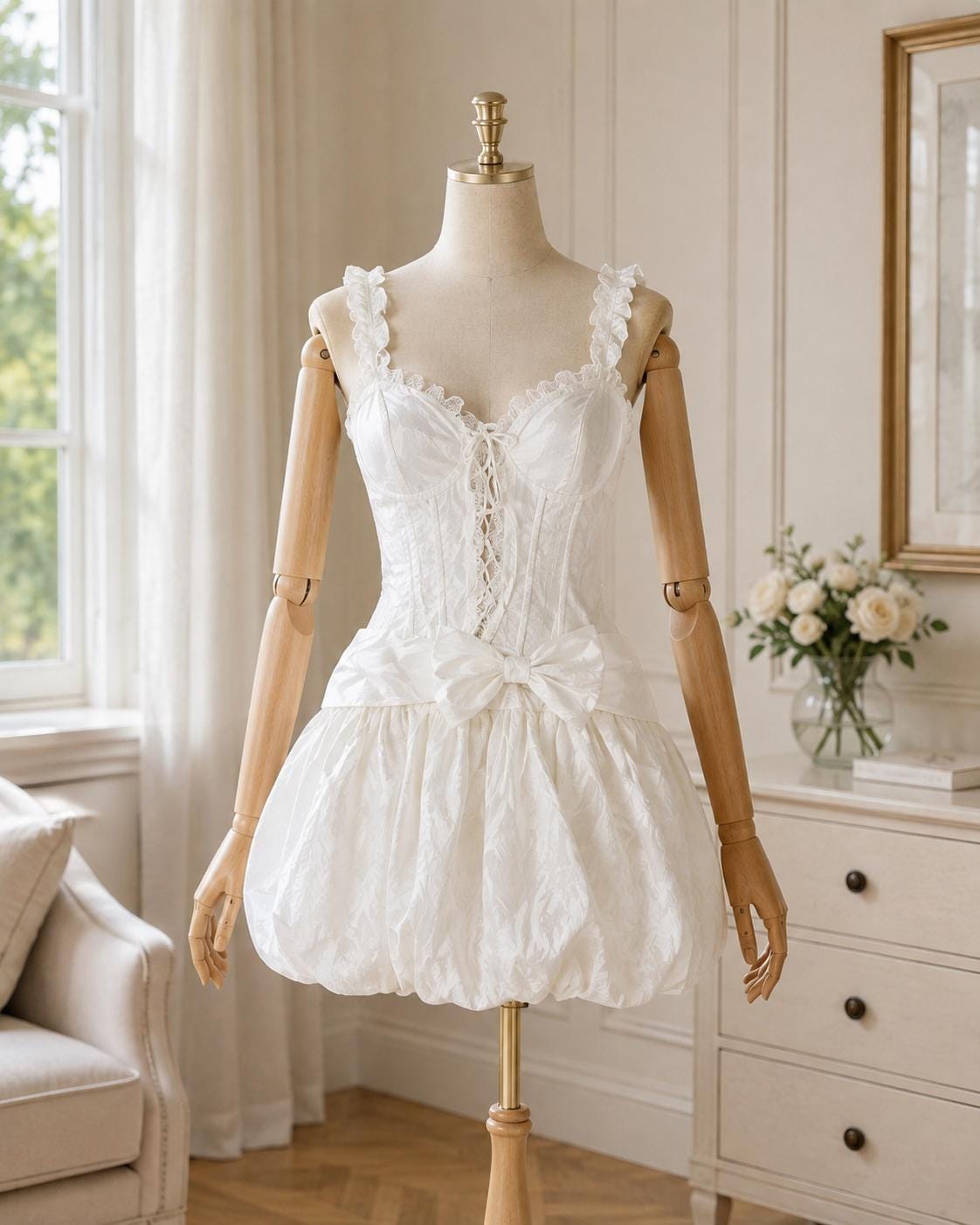 corset bubble dress White Romantic Mini Dress Coquette Cottagecore Party Dress US 2 / XS corset dress vintage flare silhouette Neckline 74298 The Roof Gardens Member's Size:20 AUS