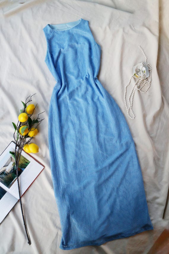 Vintage Spanish Blue Maxi Dress: Sheer Lace Boho Beach Vintage Spanish Blue Maxi Dress: Sheer Lace Boho Beach