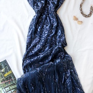 Navy Sequin Evening Gown | Art Deco Glam Maxi Dress | Hollywood fashion 20s inspired | Ladies Evening Dress