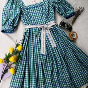 Vintage Austrian Dirndl Dress Collection Kraft 1970s Blue Green Gingham Cotton Octoberfest Traditional Cottagecore Prairie Dress