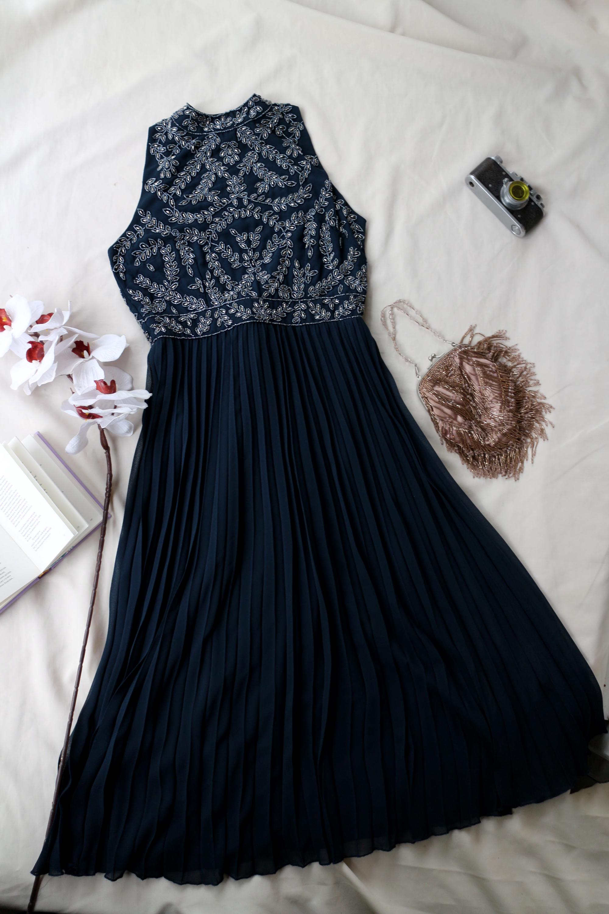 lace and beads navy dress Blue Beaded | Elegant Pleated Evening Gown | Vintage Cocktail Party Midi Dress length skirt adds grace satin fabric Color:Dark Teal Floral navy beaded dress Blue Alice in Wonderland