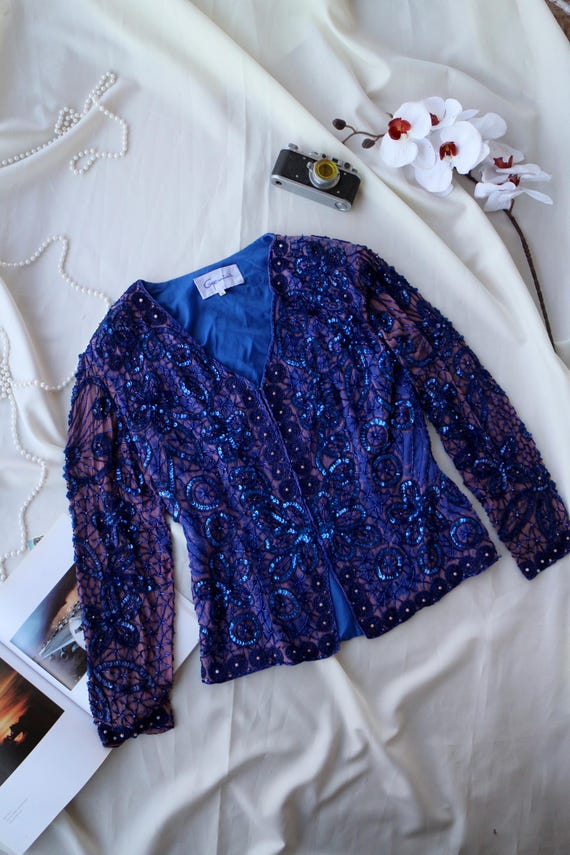 blue sequin blazer dress Royal Silk Beaded Evening Jacket Paisley Bugle Bead Mesh Vintage Party Size S 80s 90s Glam Womens blazer