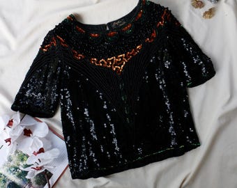 Vintage Perlen Seidenbluse | 1980s Schwarzes Pailletten Art Deco Top