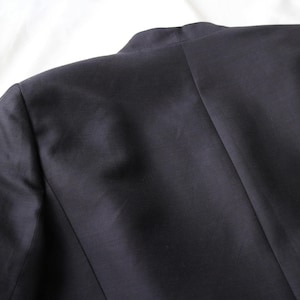 May include: Close-up of a navy blue blazer's back, showcasing the shoulder and upper back details. The fabric appears smooth and has a slight sheen. The image highlights the tailored construction of the garment, with visible seams and a classic collar.