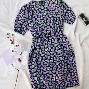 Vintage Purple Floral Dress 80s Puff Sleeve Black Mini Dress Retro Pansy Print