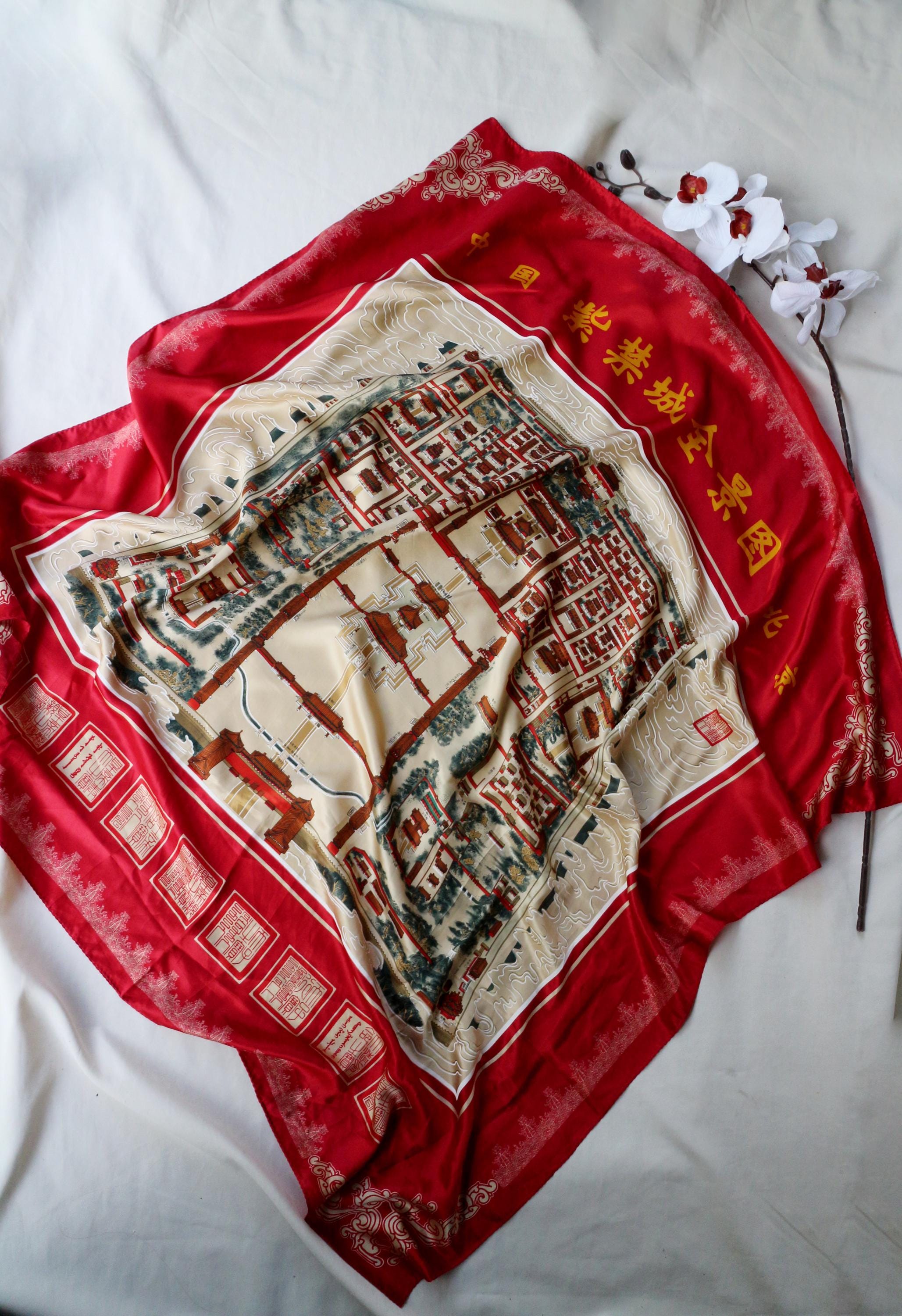 Vintage Chinese Silk Scarf Forbidden City Red Gold Palace Map