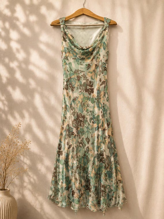 Silk Dress Y2K Vintage Flowing Floral | Mint Green Watercolour Cowl Neck | Crinkle Silk Chiffon Midi | Occasion Dress