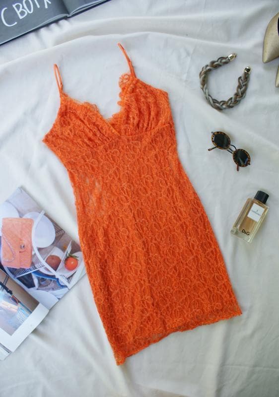 Mini Dress Vintage Orange Lace : Y2K Boho Festival Slip Dress