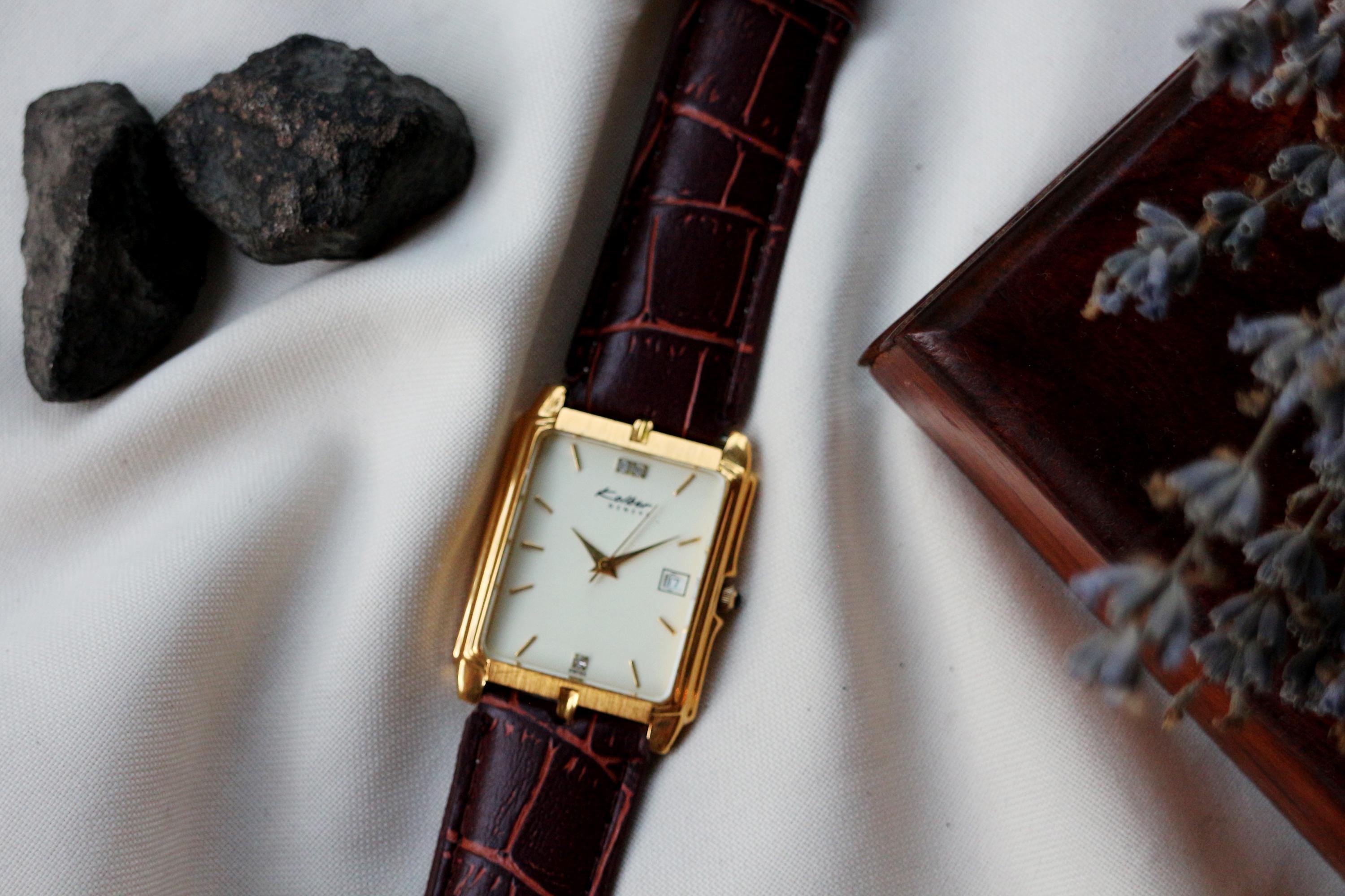 Vintage Kolber Geneve Gold Tone Square Watch Brown Leather  display picture 1