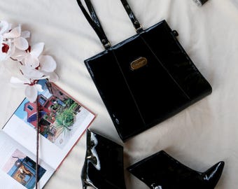 Vintage Black Patent Leather Martinez Handbag: Elegant Designer Tote