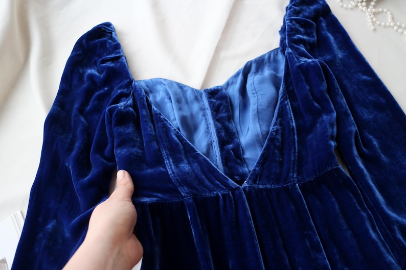 Vintage Velvet Dress Royal Blue Silk V-Neck Puff Sleeve Button Front Romantic Medieval Dark Academia Evening Gown Balletcore image 13
