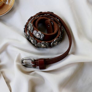 Vintage Brown Leather Belt: Boho Western Metal Flower Studs  display picture 3