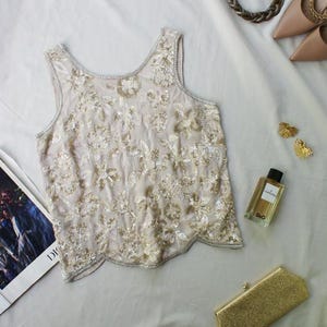 Vintage Sequin Beaded Blouse Size M Cream Floral Embroidered Top Evening Wear Sleeveless Tank