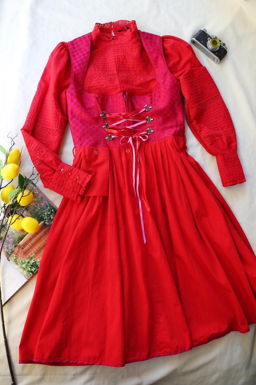 open lace back dress Oktoberfest Dirndl Red Black – Bavarian Dress with Apron – Alpen Clothes main image 0