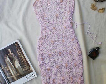 Crochet Dress Vintage 90s Lilac : Romantic Lace Boho Festival
