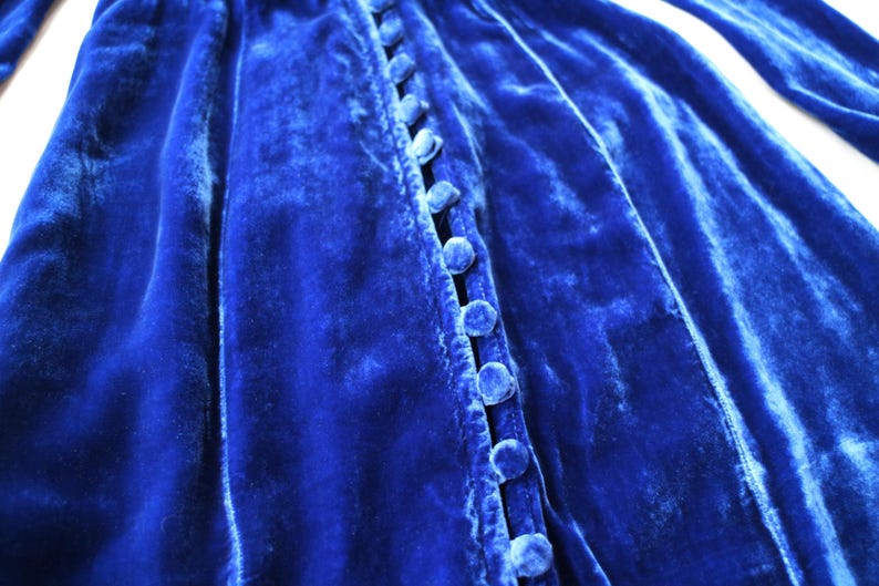 Vintage Velvet Dress Royal Blue Silk V-Neck Puff Sleeve Button Front Romantic Medieval Dark Academia Evening Gown Balletcore image 8