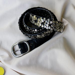Black Leather Belt with Silver Metal Studs - Punk Rock Gothic Style Studded Belt - 1980s Vintage Fashion Accessory