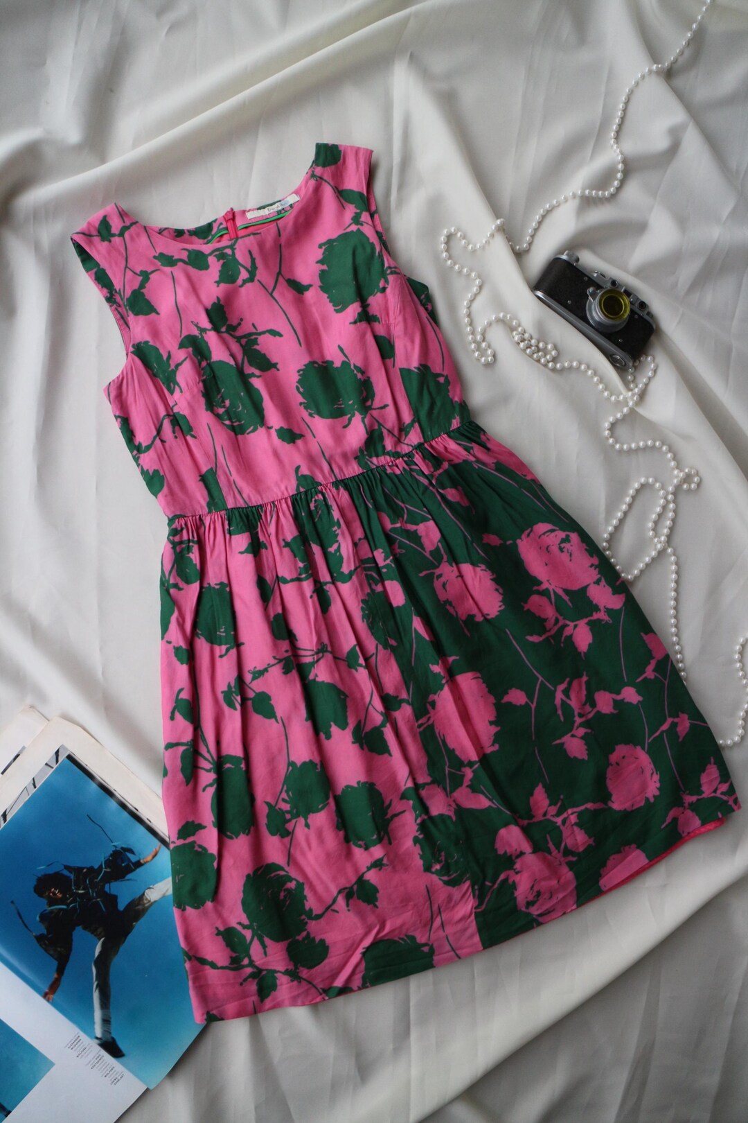 boden pink and green dress Floral Silk Viscose Bold Rose Print F Summer Party Midi dress