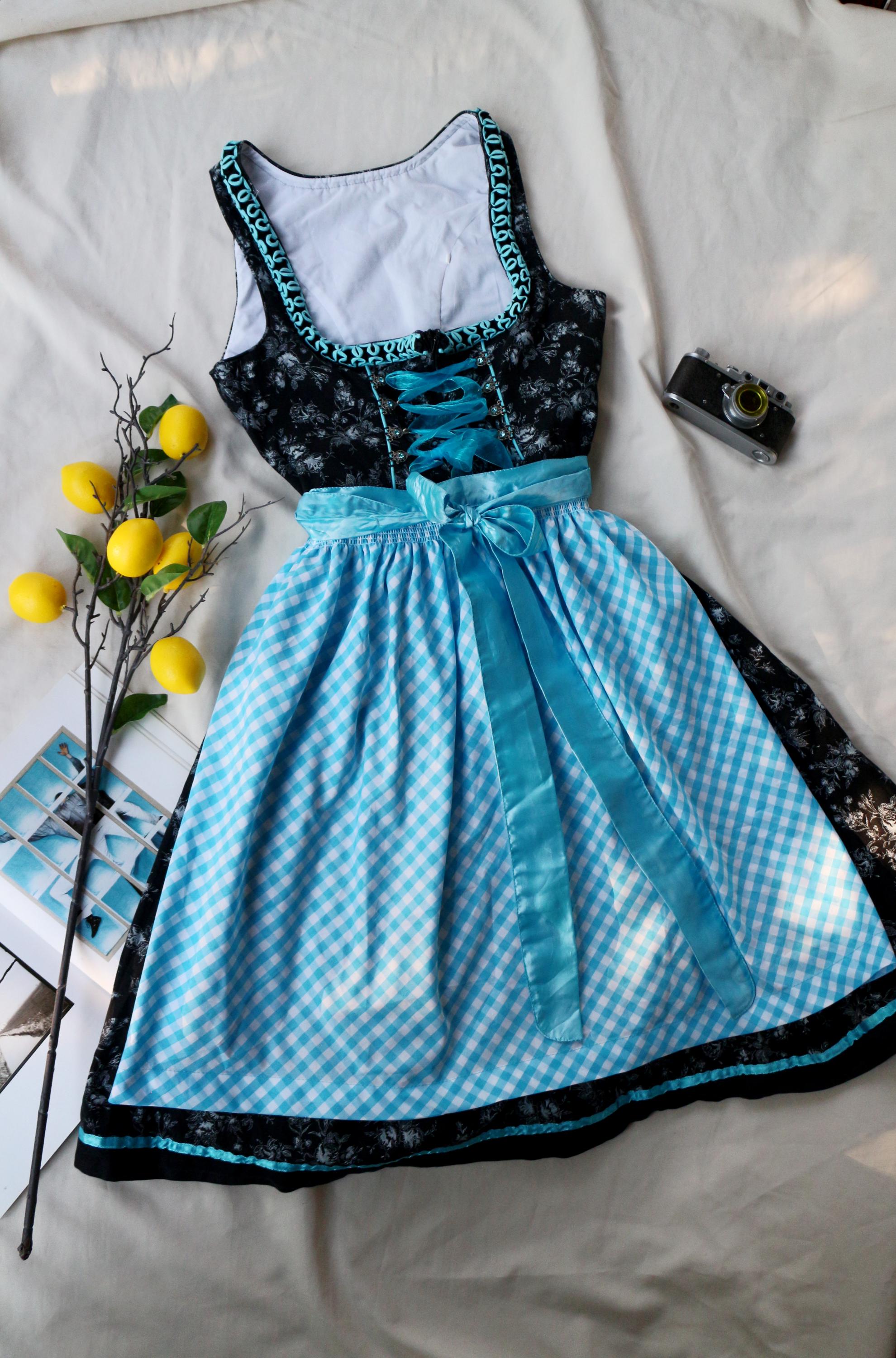 black and blue flower dress Dirndl Set Vintage Austrian Floral Gingham Apron Oktoberfest US 8 / M Color:Black and Burgundy stretchy fabric allows custom dusted pastels Rank Air Force Blues