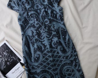 Vintage Sequin Dress Adrianna Papell, Blue Damask Bodycon, NWT