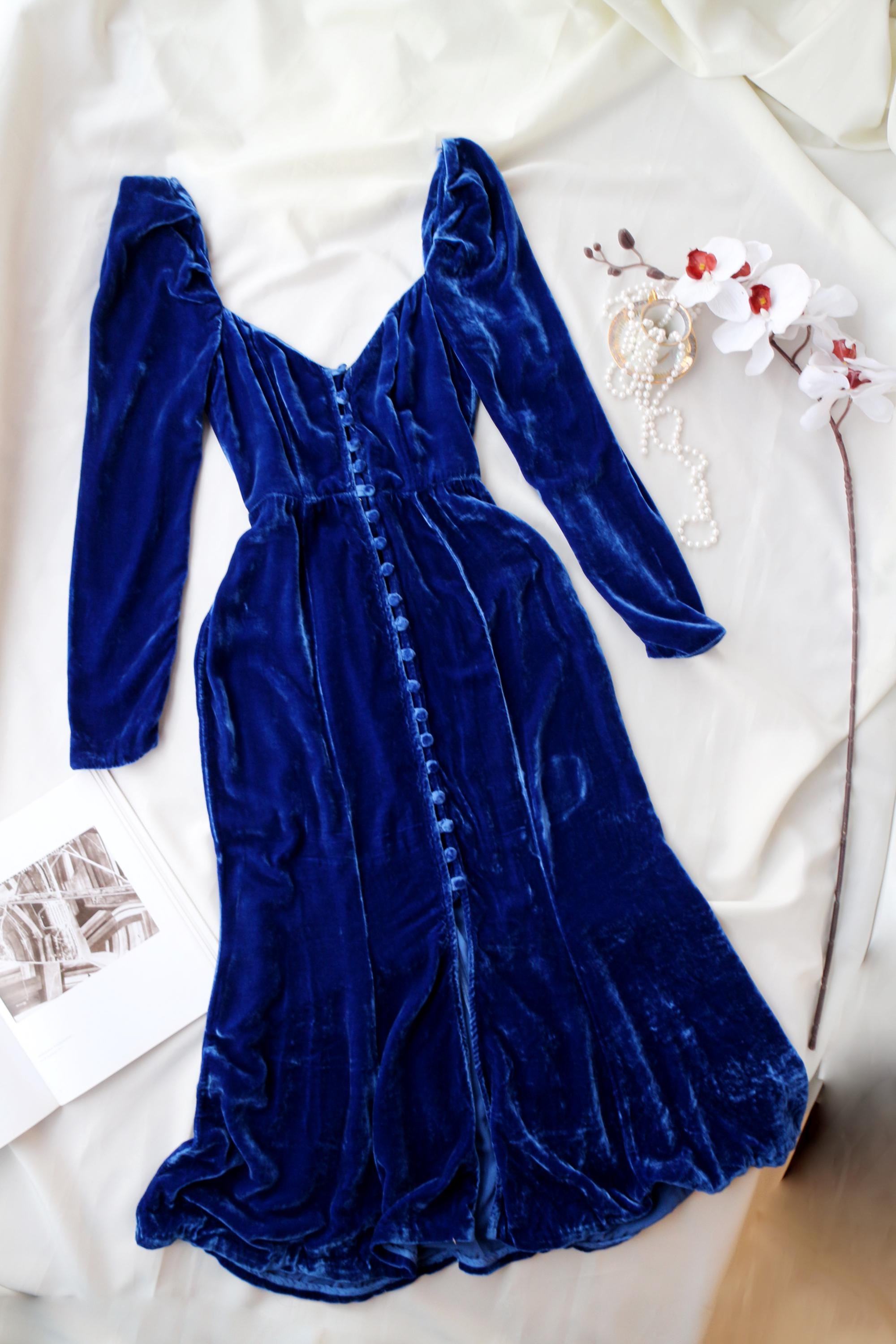 chinese dress ladies Long Puff-Sleeve Prom Dress with Sheer Bodice Blue / 0 main image 1