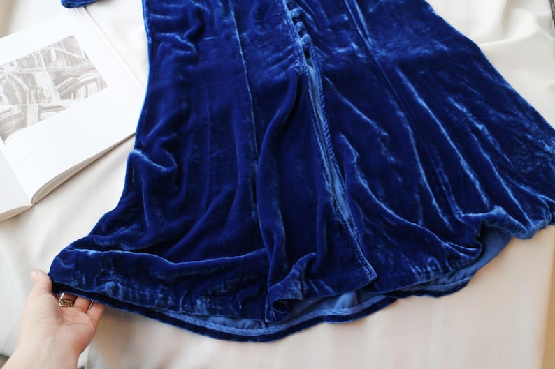 Vintage Velvet Dress Royal Blue Silk V-Neck Puff Sleeve Button Front Romantic Medieval Dark Academia Evening Gown Balletcore image 4