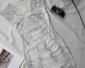 Vintage Beaded White Cocktail Dress Sequin Mini Dress Art Deco Party Dress Gatsby Bridal Reception Dress