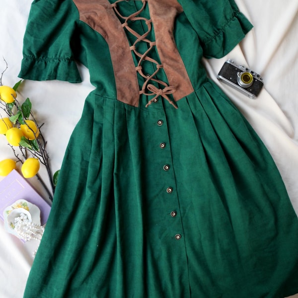 Vestido Dirndl austriaco vintage verde con corpiño con cordones, estilo Trachten Mode, traje popular