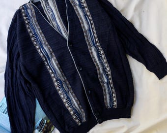 Vintage 90s Mohair Wool Cardigan Navy Blue Coogi Style Knit Panel Grandpa Sweater
