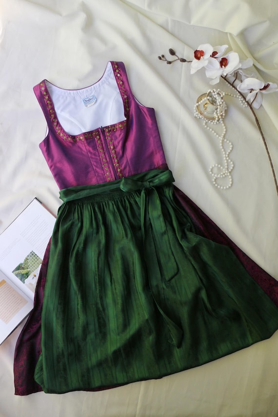 Dirndl Purple  Dress Green Apron Set Bavarian Oktoberfest Dress Floral Satin German Folk Dress