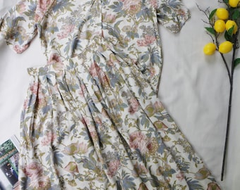 Vintage Floral Two Piece Set Cottagecore Blouse & Midi Skirt UK Made 100% Viscose Romantic Garden Outfit Women’s Set